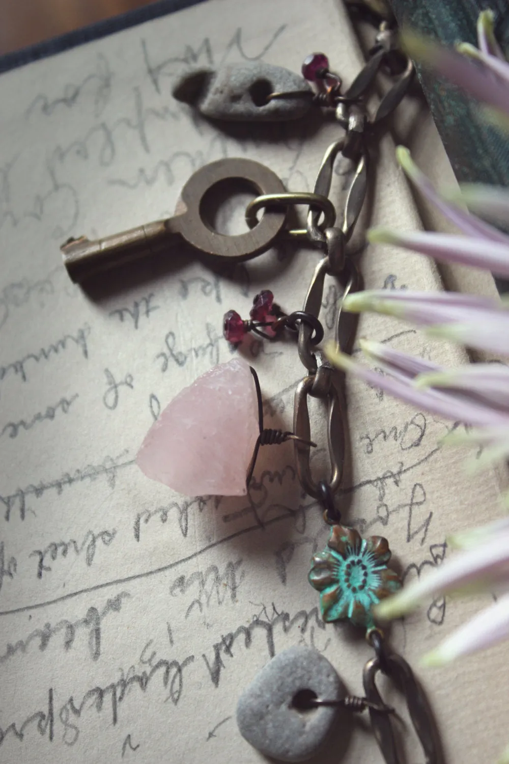 Gris Gris | Flower Moon. Storyteller Series. Rustic Nature Curio, Rose Quartz, Vintage Key Charm Bracelet.