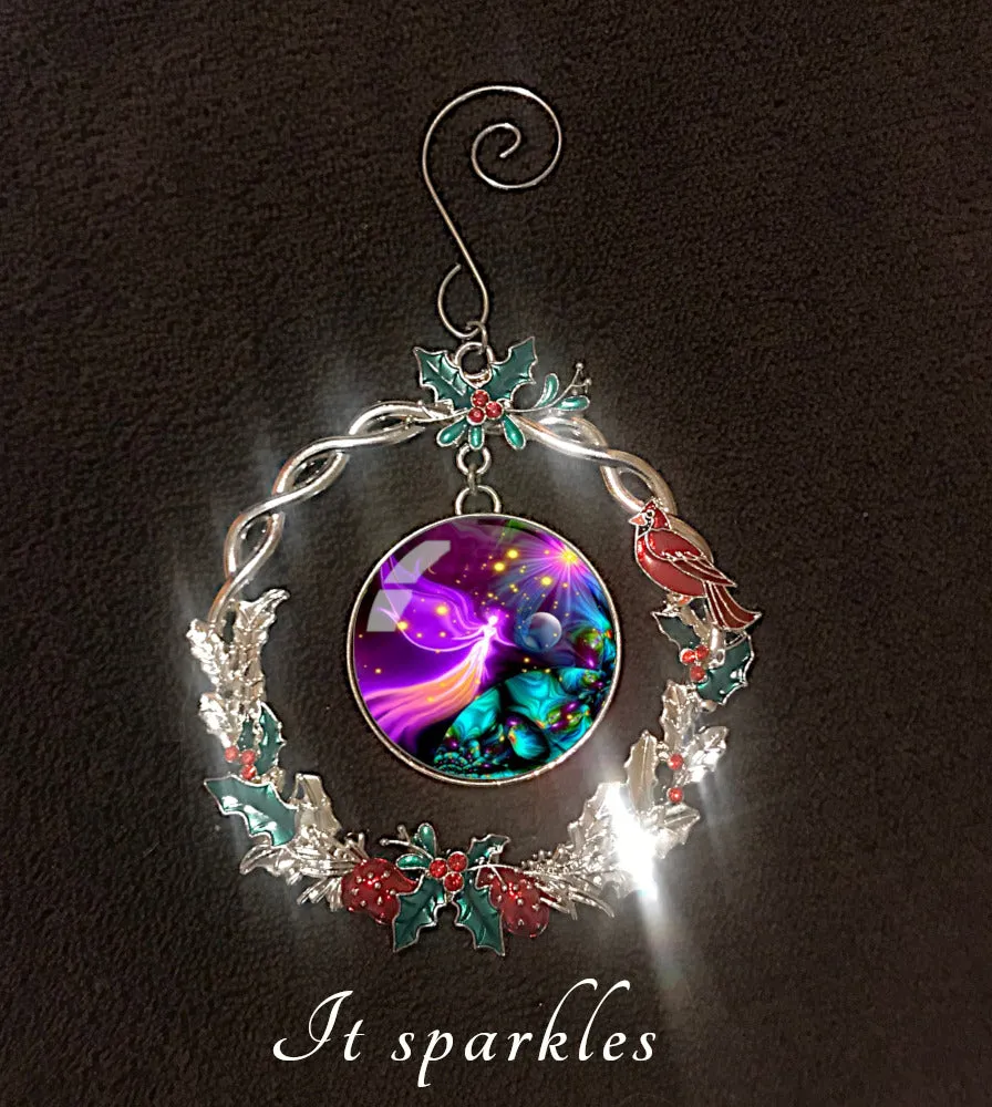 Guardian Angel Art, Sparkly Christmas Ornament, Metal Wreath with Hollies and Cardinal - "Divine Protection"