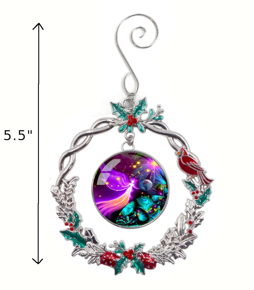 Guardian Angel Art, Sparkly Christmas Ornament, Metal Wreath with Hollies and Cardinal - "Divine Protection"