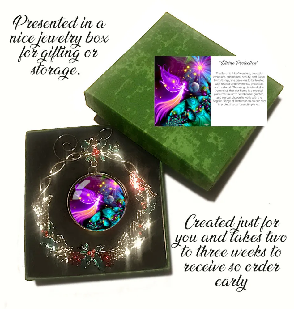 Guardian Angel Art, Sparkly Christmas Ornament, Metal Wreath with Hollies and Cardinal - "Divine Protection"