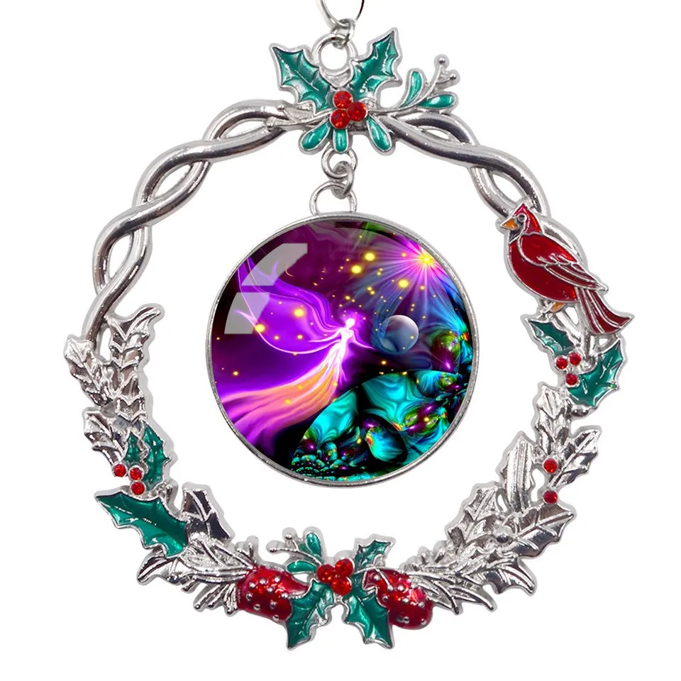 Guardian Angel Art, Sparkly Christmas Ornament, Metal Wreath with Hollies and Cardinal - "Divine Protection"