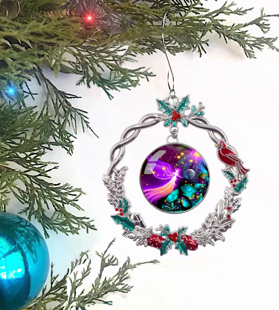 Guardian Angel Art, Sparkly Christmas Ornament, Metal Wreath with Hollies and Cardinal - "Divine Protection"