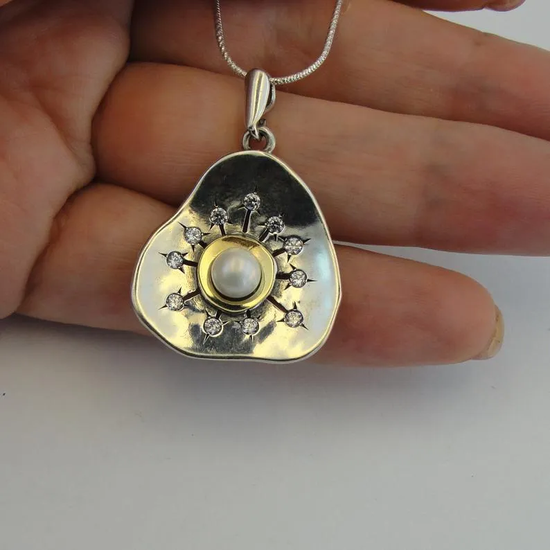 Hadar Designers Pearl White Zircon Pendant Handmade 9k Yellow Gold 925 Silver (MS 1517