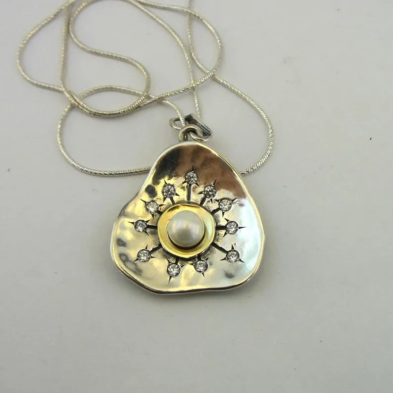 Hadar Designers Pearl White Zircon Pendant Handmade 9k Yellow Gold 925 Silver (MS 1517