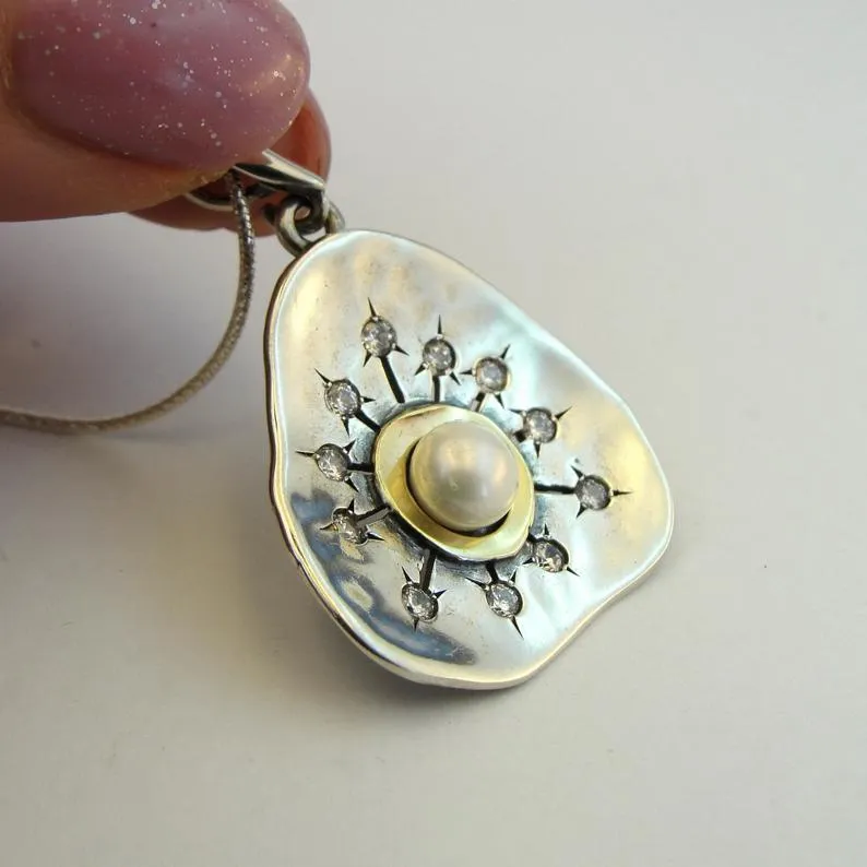 Hadar Designers Pearl White Zircon Pendant Handmade 9k Yellow Gold 925 Silver (MS 1517