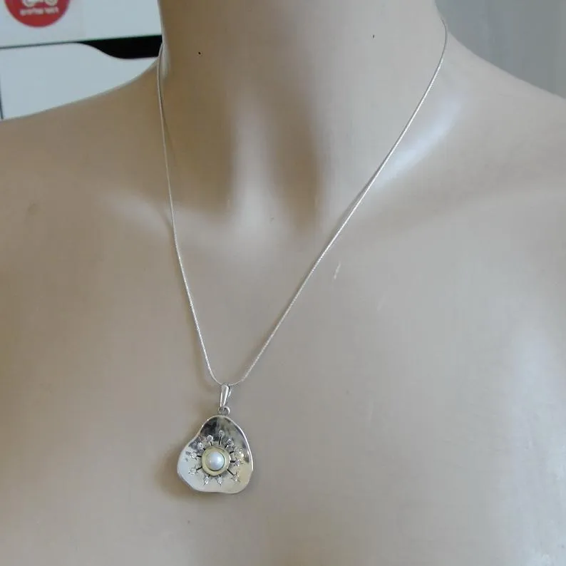 Hadar Designers Pearl White Zircon Pendant Handmade 9k Yellow Gold 925 Silver (MS 1517