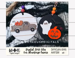 Halloween Icons Vintage Truck and Ghost Mini Set - Spooky Handdrawn DIY Doodle Ornaments - Cut File For Glowforge Lasers - Digital SVG File