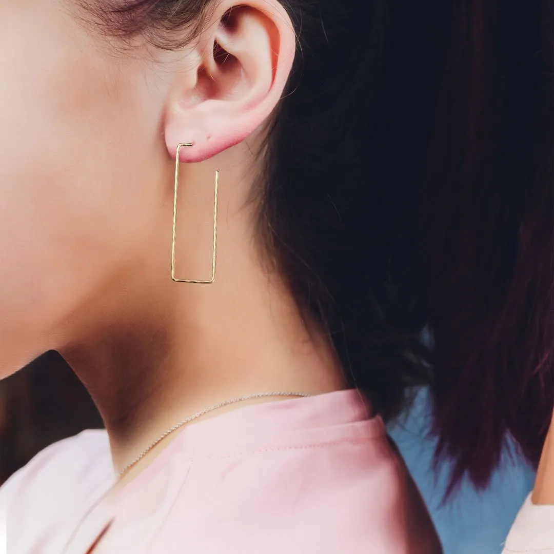 Hammered Hoops - Post Clasp Rectangular Shape and Sterling Silver Earring