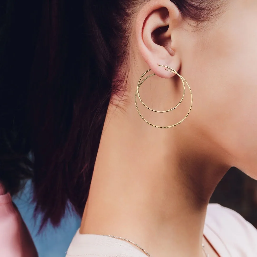 Hammered Hoops - Post Clasp Rectangular Shape and Sterling Silver Earring