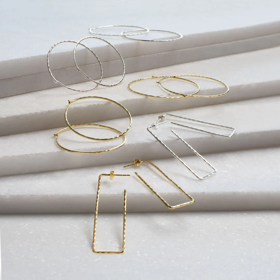 Hammered Hoops - Post Clasp Rectangular Shape and Sterling Silver Earring