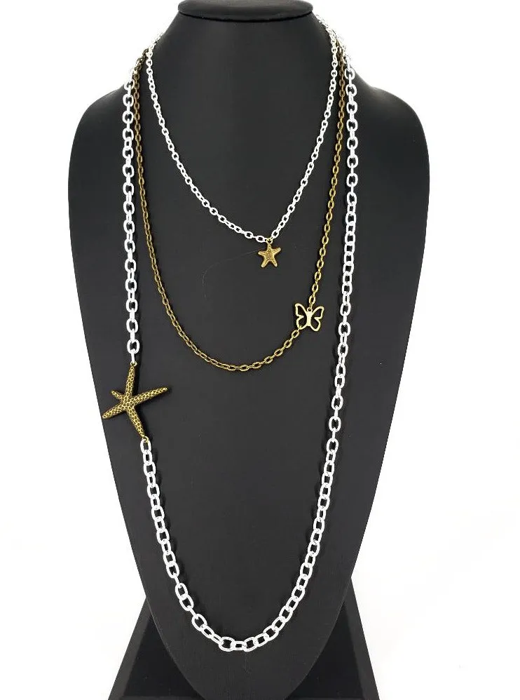 Handmade Boho Three-Layer Necklace with Vintage Starfish & Butterfly Charms – Whimsical Beach Vibes✨
