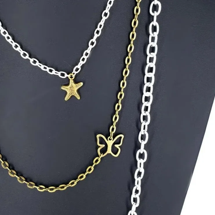 Handmade Boho Three-Layer Necklace with Vintage Starfish & Butterfly Charms – Whimsical Beach Vibes✨