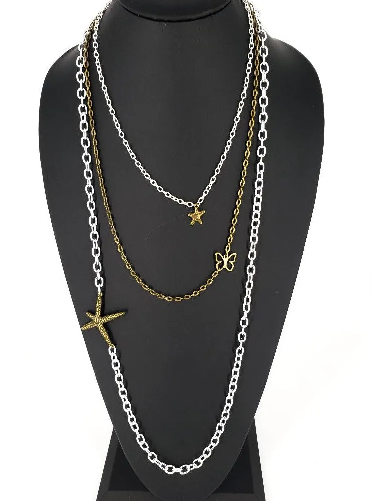 Handmade Boho Three-Layer Necklace with Vintage Starfish & Butterfly Charms – Whimsical Beach Vibes✨