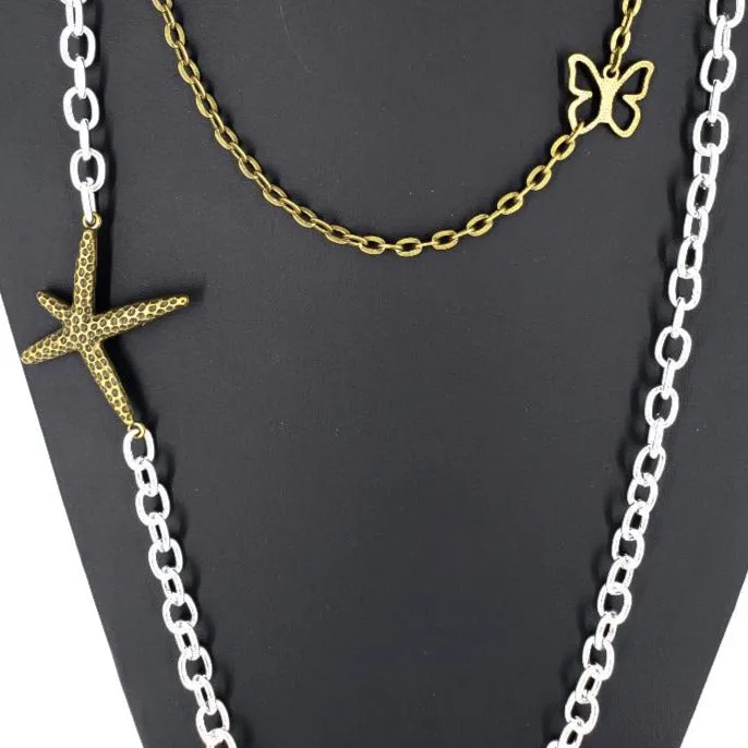 Handmade Boho Three-Layer Necklace with Vintage Starfish & Butterfly Charms – Whimsical Beach Vibes✨