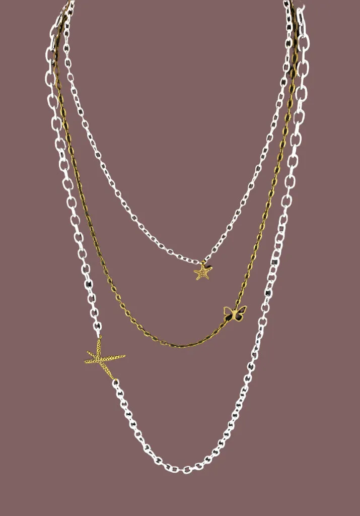 Handmade Boho Three-Layer Necklace with Vintage Starfish & Butterfly Charms – Whimsical Beach Vibes✨