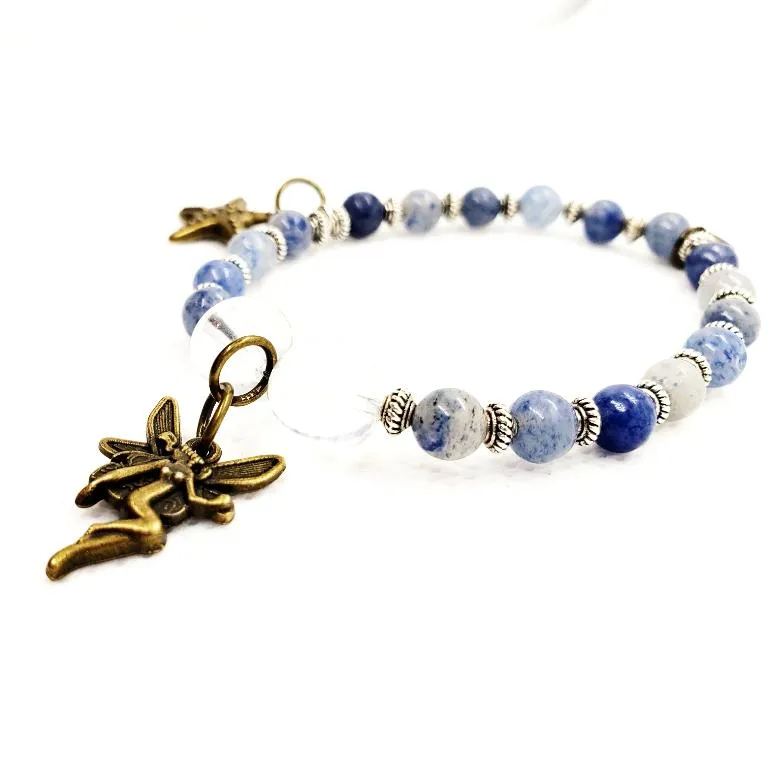 Handmade  Gemstone BraceletPowerful Blue Aventurine Bracelet with Angel Aura Quartz Beads, Vintage Fairy Charm, 7" Length