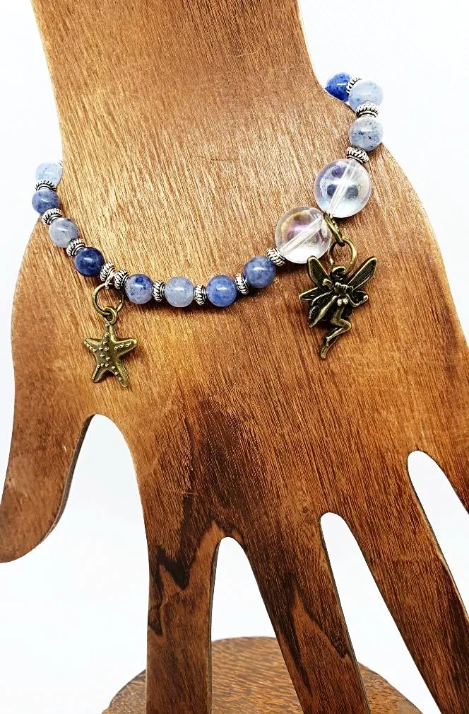 Handmade  Gemstone BraceletPowerful Blue Aventurine Bracelet with Angel Aura Quartz Beads, Vintage Fairy Charm, 7" Length
