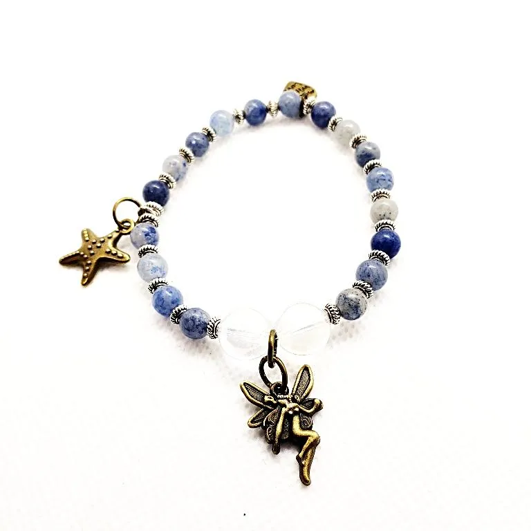 Handmade  Gemstone BraceletPowerful Blue Aventurine Bracelet with Angel Aura Quartz Beads, Vintage Fairy Charm, 7" Length