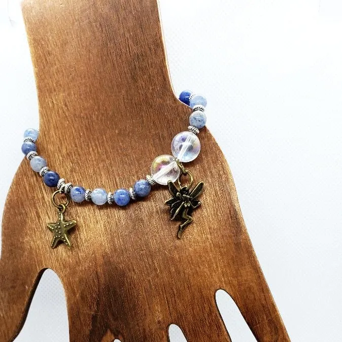 Handmade  Gemstone BraceletPowerful Blue Aventurine Bracelet with Angel Aura Quartz Beads, Vintage Fairy Charm, 7" Length
