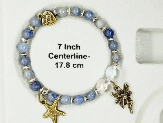 Handmade  Gemstone BraceletPowerful Blue Aventurine Bracelet with Angel Aura Quartz Beads, Vintage Fairy Charm, 7" Length