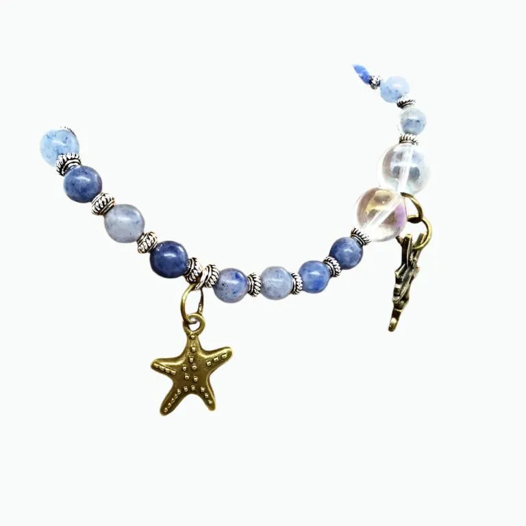 Handmade  Gemstone BraceletPowerful Blue Aventurine Bracelet with Angel Aura Quartz Beads, Vintage Fairy Charm, 7" Length