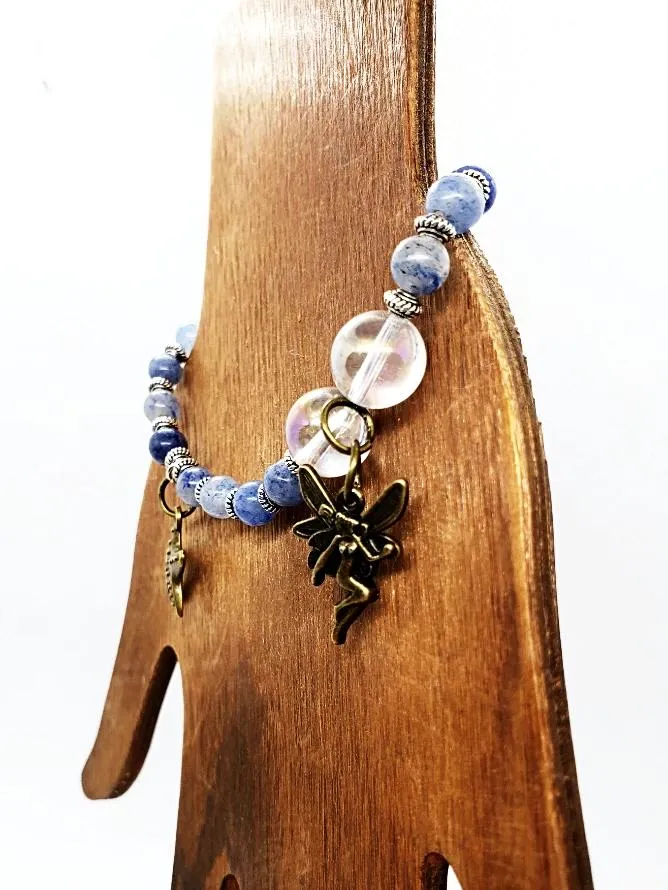 Handmade  Gemstone BraceletPowerful Blue Aventurine Bracelet with Angel Aura Quartz Beads, Vintage Fairy Charm, 7" Length