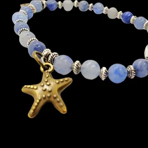 Handmade  Gemstone BraceletPowerful Blue Aventurine Bracelet with Angel Aura Quartz Beads, Vintage Fairy Charm, 7" Length