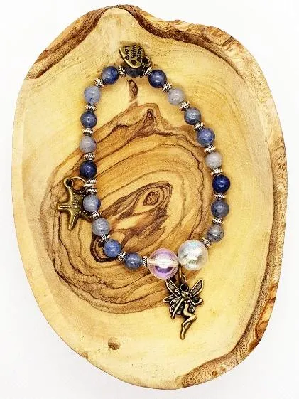 Handmade  Gemstone BraceletPowerful Blue Aventurine Bracelet with Angel Aura Quartz Beads, Vintage Fairy Charm, 7" Length