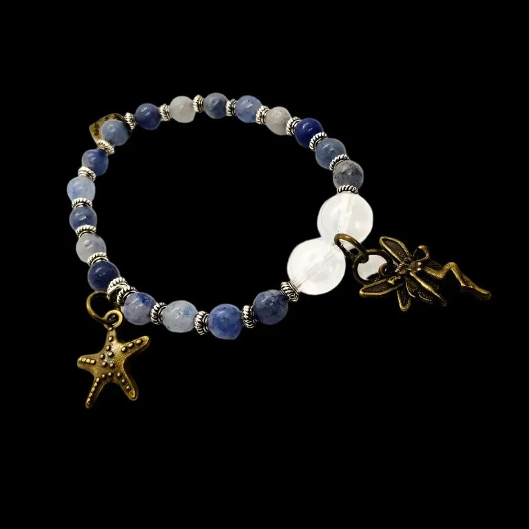 Handmade  Gemstone BraceletPowerful Blue Aventurine Bracelet with Angel Aura Quartz Beads, Vintage Fairy Charm, 7" Length