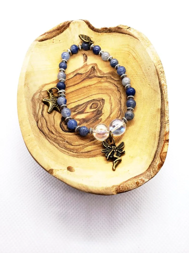 Handmade  Gemstone BraceletPowerful Blue Aventurine Bracelet with Angel Aura Quartz Beads, Vintage Fairy Charm, 7" Length