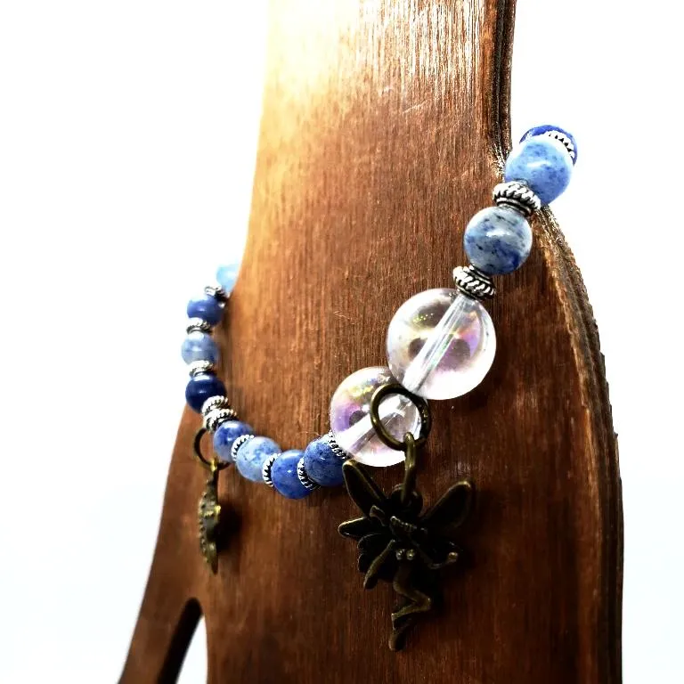 Handmade  Gemstone BraceletPowerful Blue Aventurine Bracelet with Angel Aura Quartz Beads, Vintage Fairy Charm, 7" Length