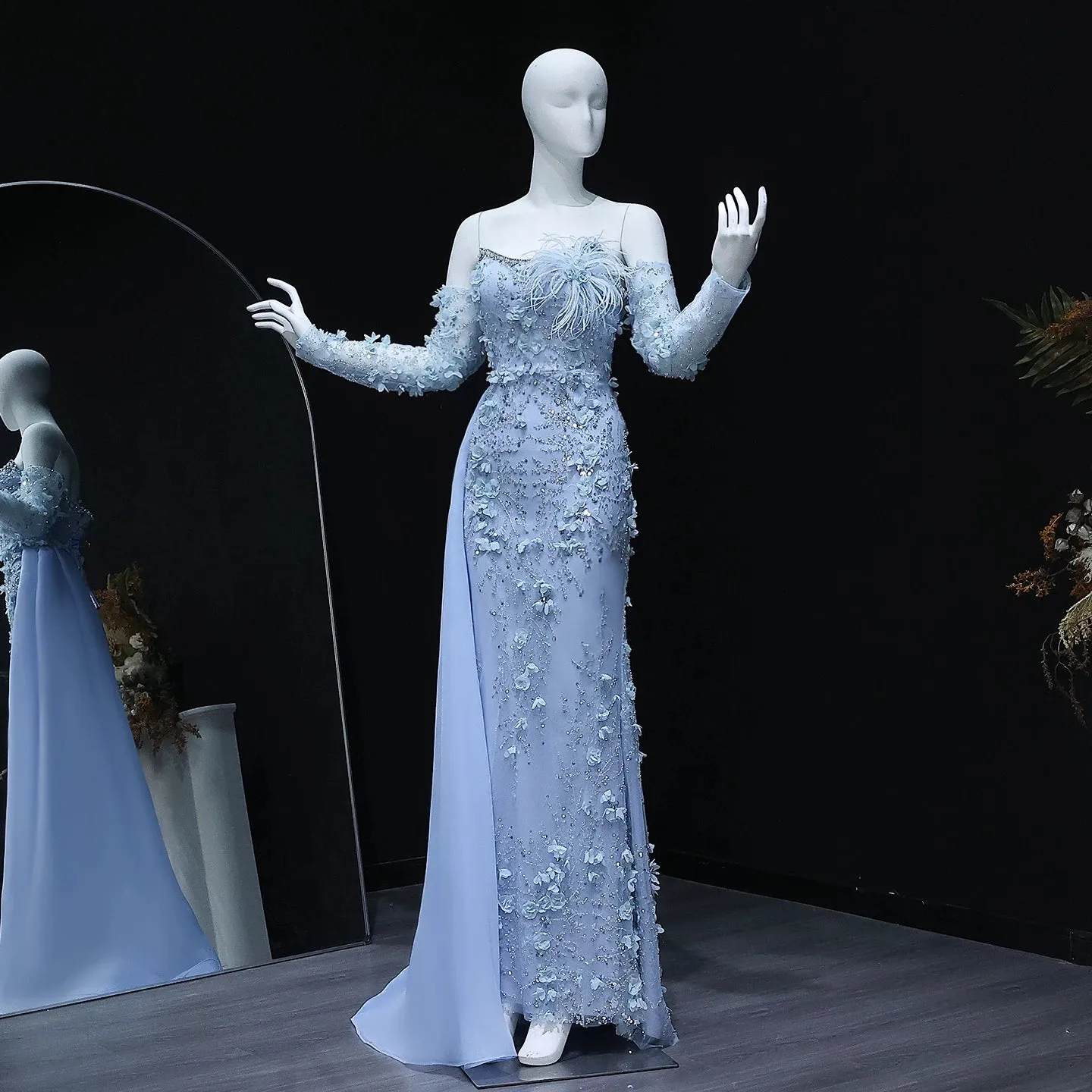 HELEN Luxury Elegant Blue 3D Flowers Feathers Mermaid Evening Dress