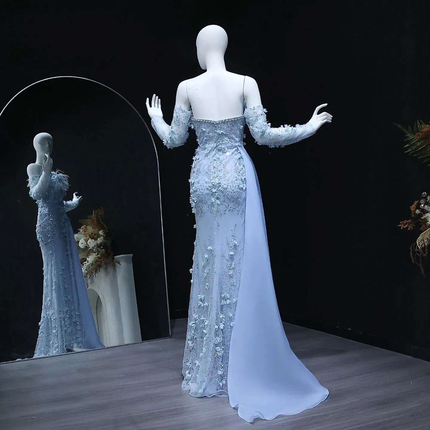 HELEN Luxury Elegant Blue 3D Flowers Feathers Mermaid Evening Dress