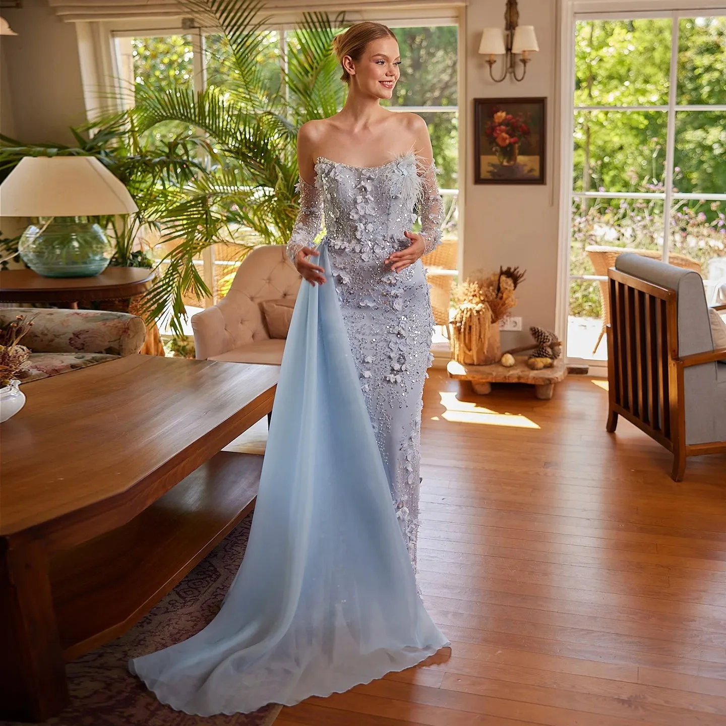 HELEN Luxury Elegant Blue 3D Flowers Feathers Mermaid Evening Dress