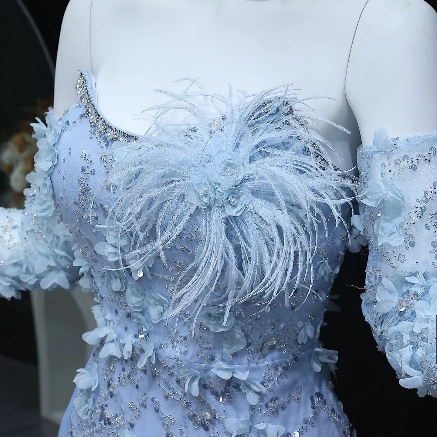 HELEN Luxury Elegant Blue 3D Flowers Feathers Mermaid Evening Dress