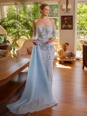 HELEN Luxury Elegant Blue 3D Flowers Feathers Mermaid Evening Dress