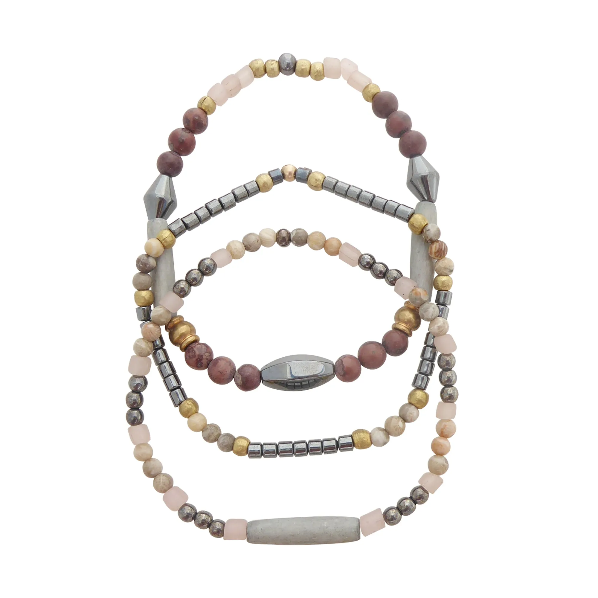 Hematite and fossilized coral bracelet set