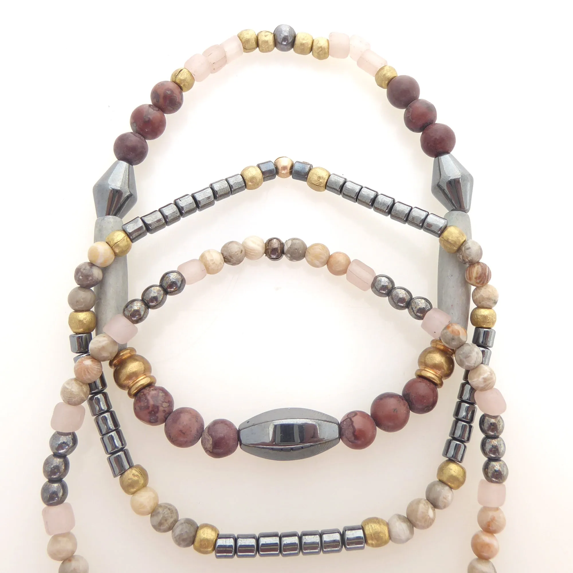 Hematite and fossilized coral bracelet set