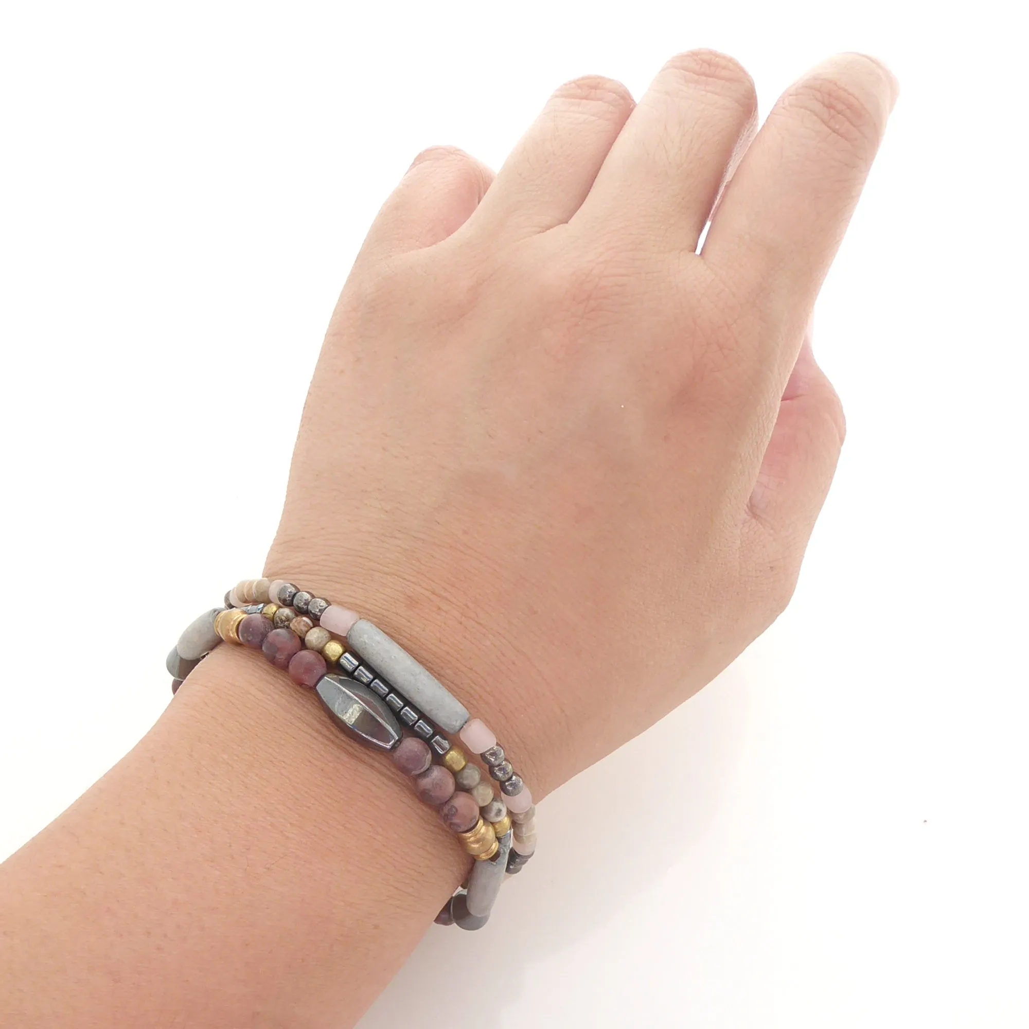 Hematite and fossilized coral bracelet set