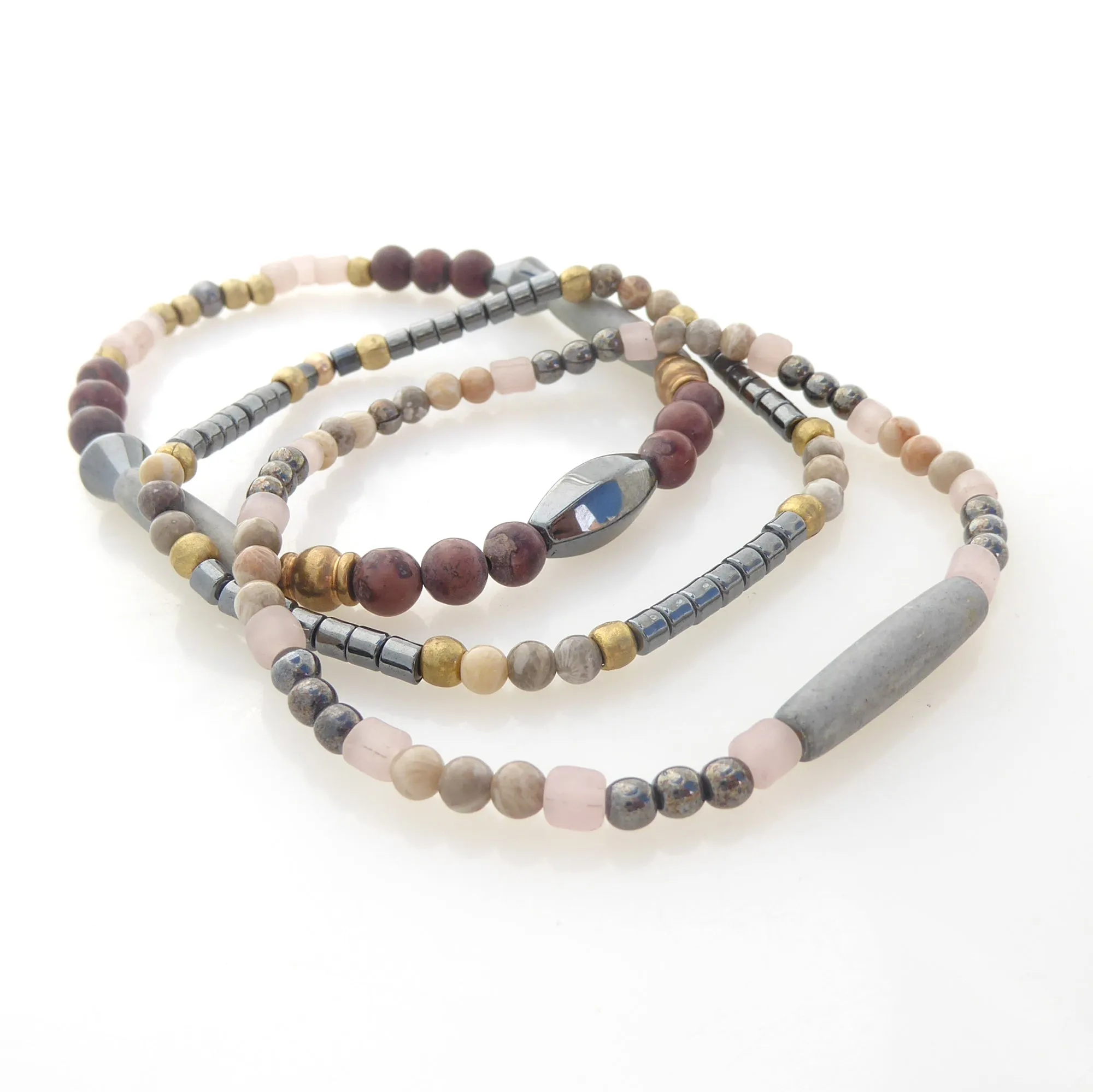 Hematite and fossilized coral bracelet set