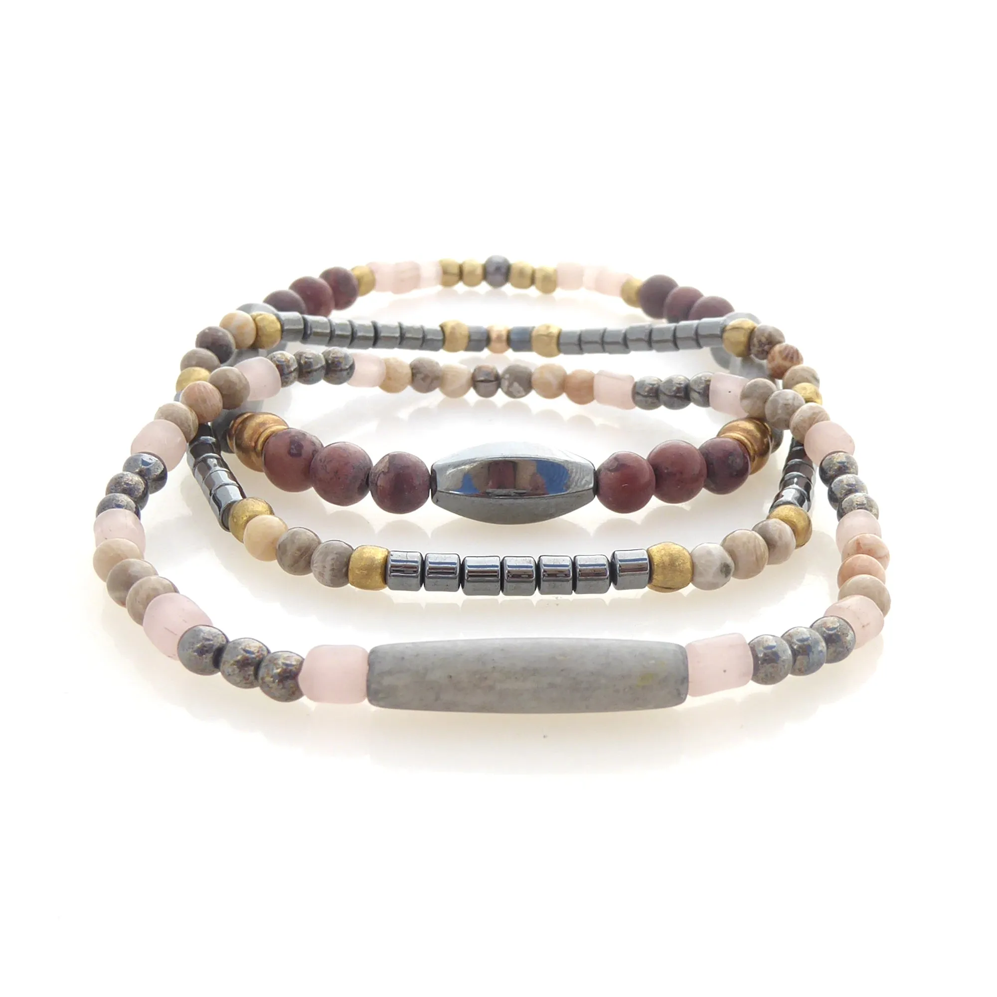 Hematite and fossilized coral bracelet set