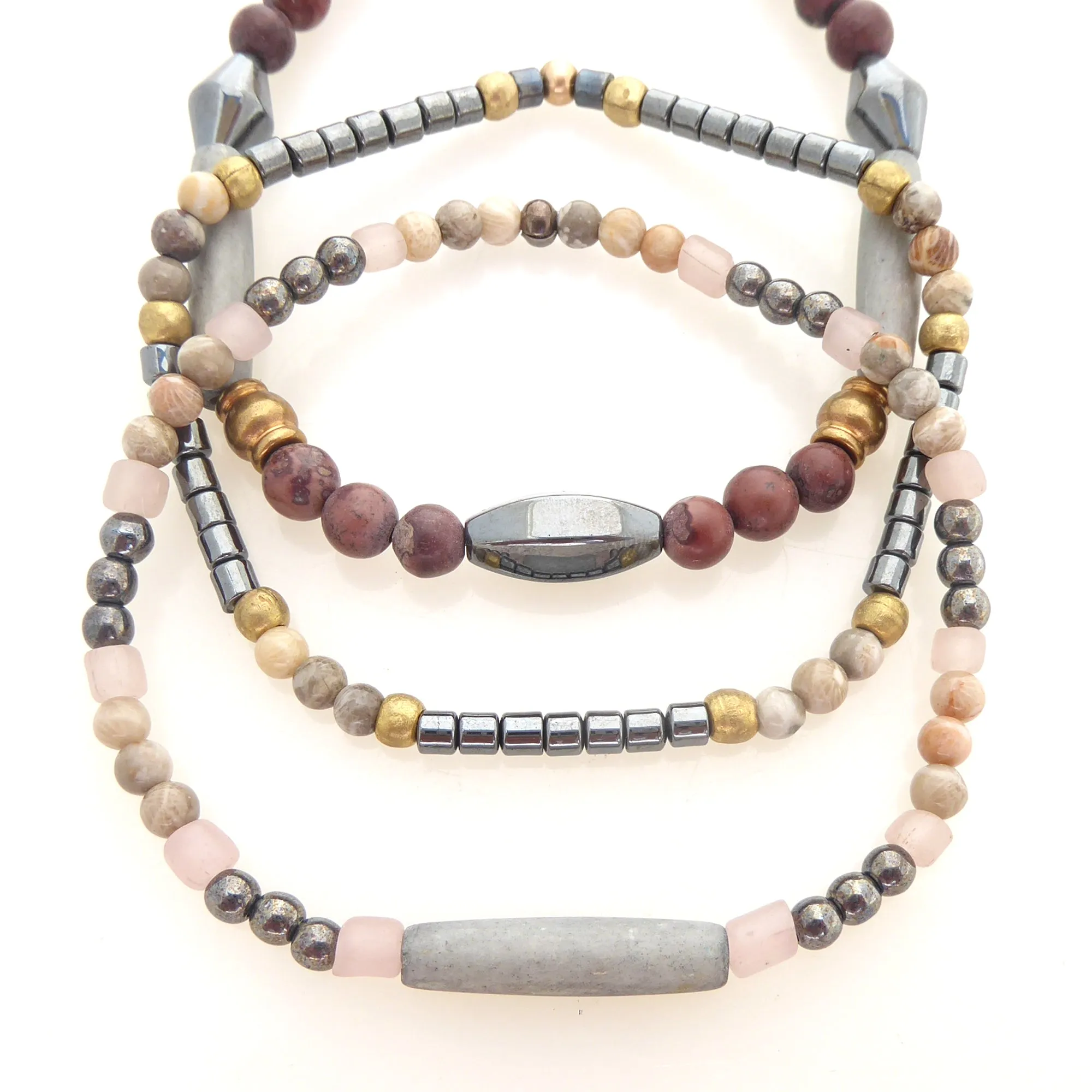 Hematite and fossilized coral bracelet set