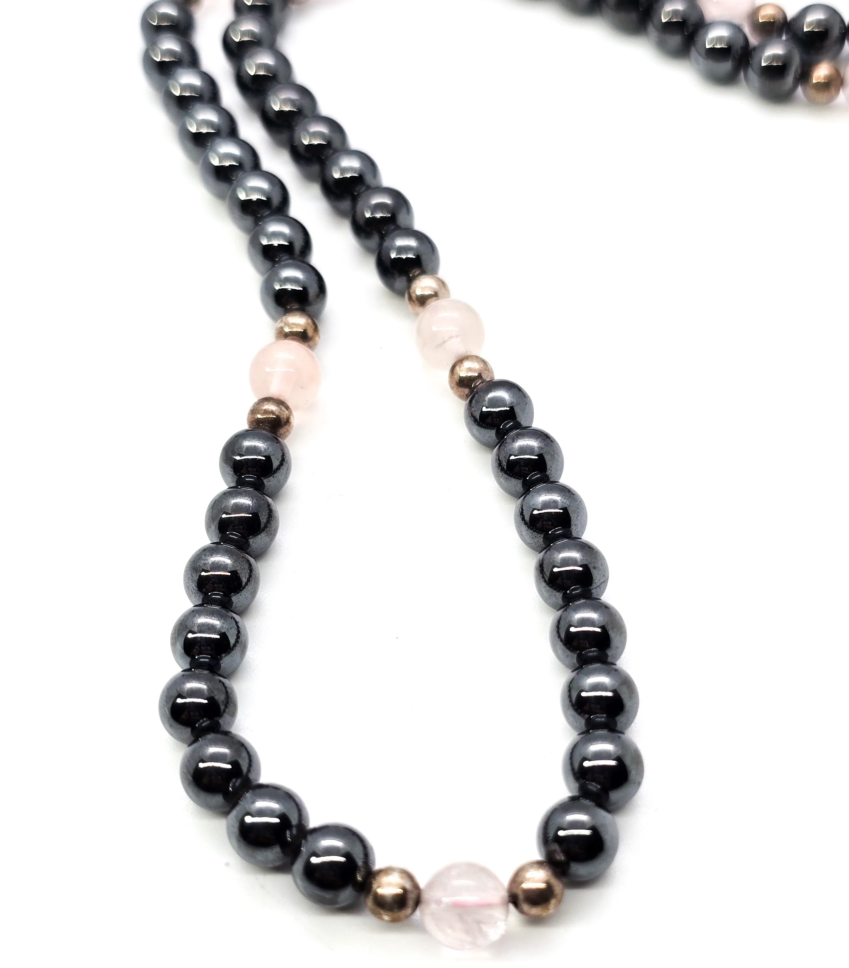 Hematite and Rose Quartz sterling silver long beaded 24 inch necklace