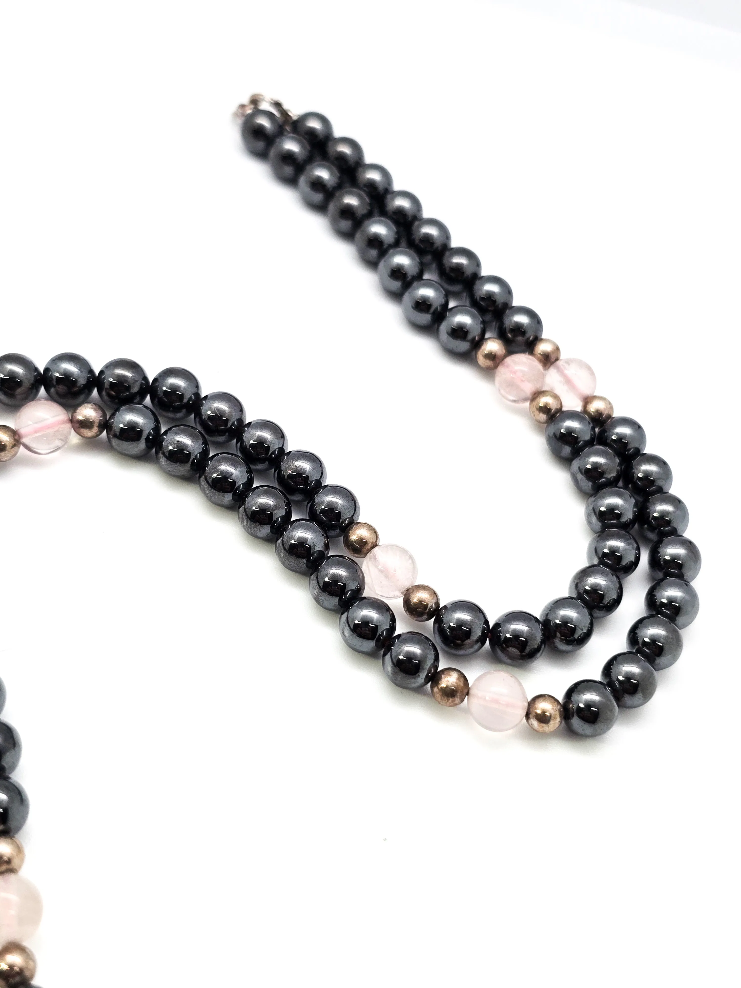 Hematite and Rose Quartz sterling silver long beaded 24 inch necklace