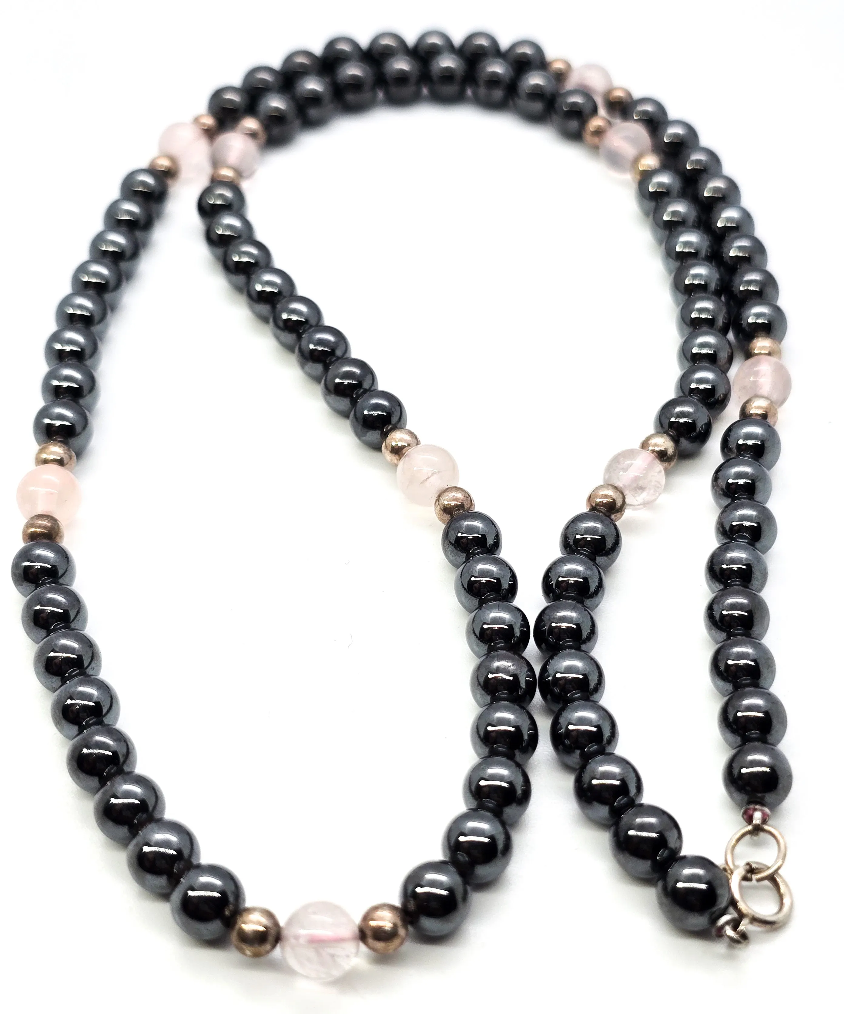 Hematite and Rose Quartz sterling silver long beaded 24 inch necklace