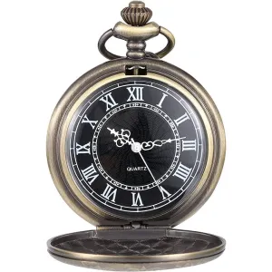 Hicarer Quartz Pocket Watch for Men with Black Dial and Chain Vintage Roman Numerals Christmas Gifts Birthday | Multiple Colors