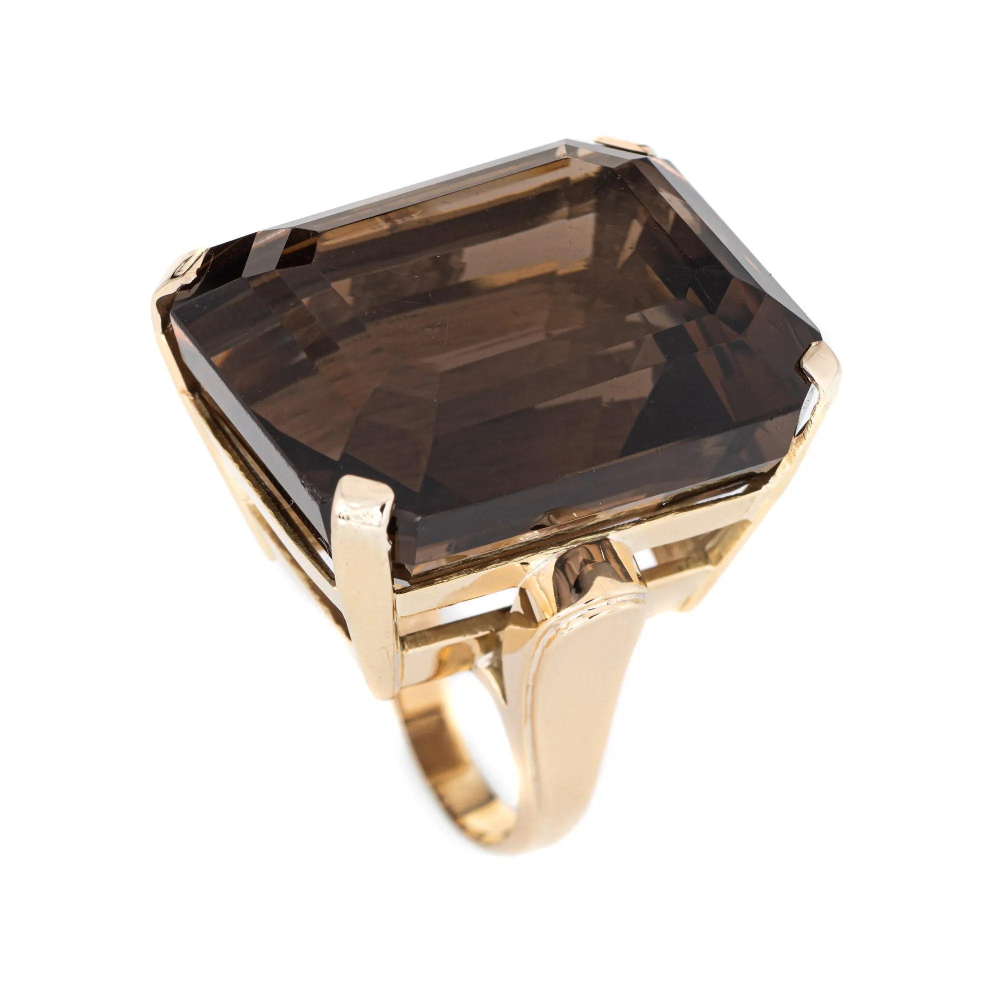 Huge 93ct Smokey Quartz Ring Vintage 14k Yellow Gold Emerald Cut Cocktail 6.25