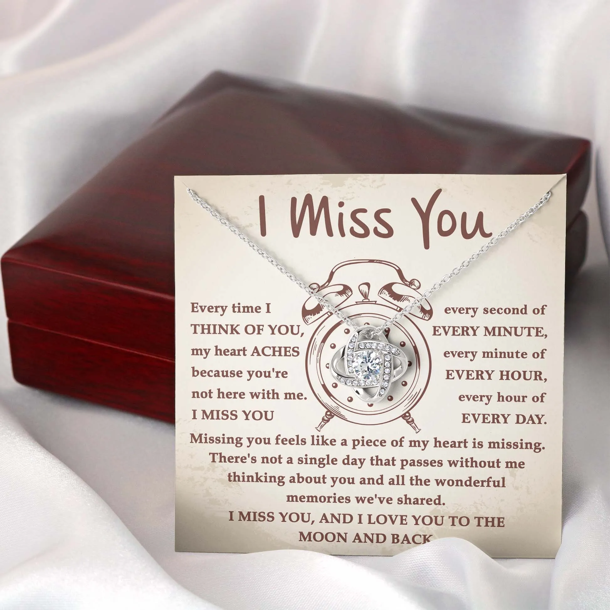 I Miss You Every Second To The Moon And Back Necklace, Love Knot Pendant Necklace