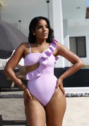 Ibiza Ruffle One-Piece Swimsuit – Elegant Lavender Swimsuit with Ruffled Shoulder & Lace-Up Back | Luxury Swimwear 2025