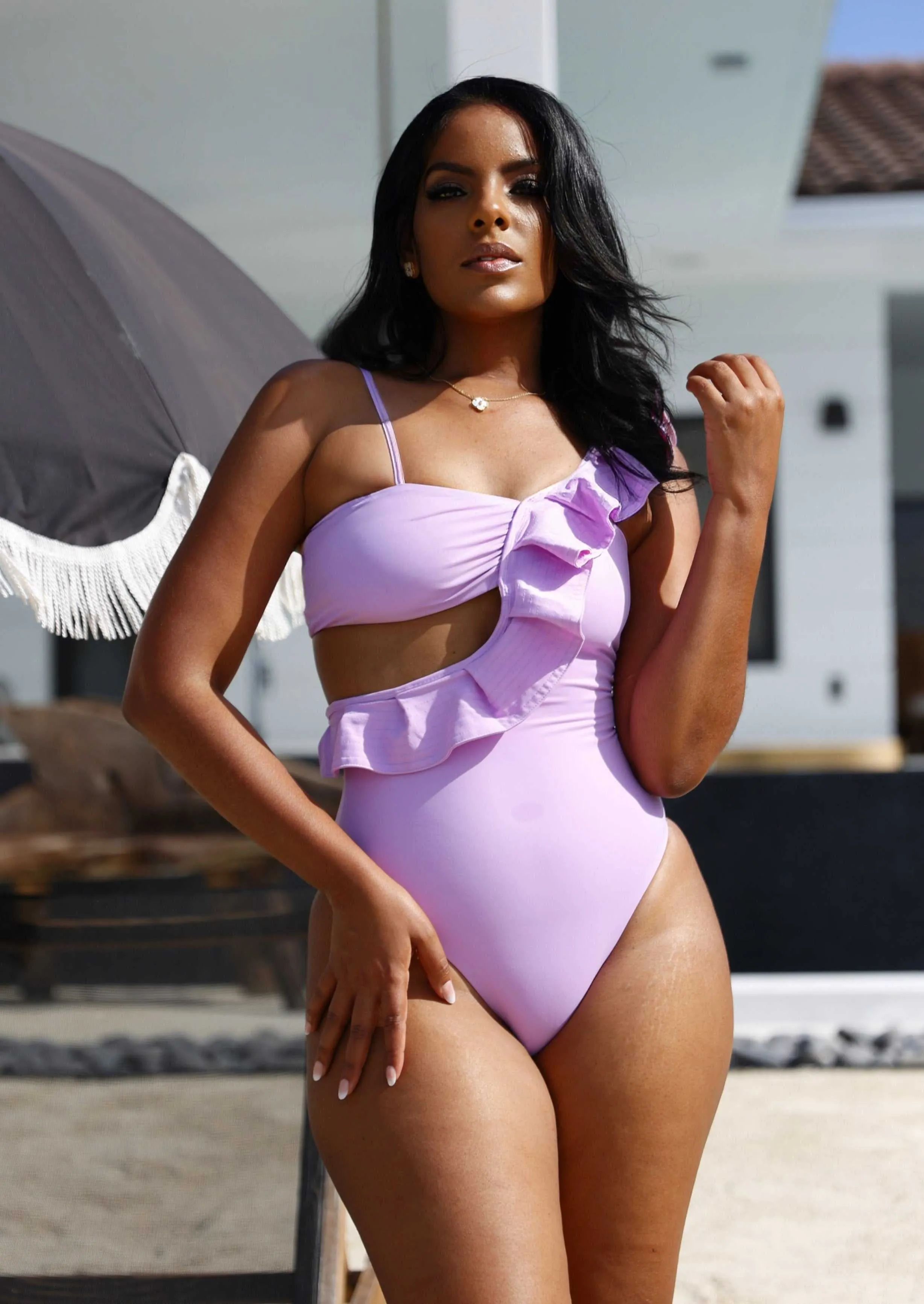 Ibiza Ruffle One-Piece Swimsuit – Elegant Lavender Swimsuit with Ruffled Shoulder & Lace-Up Back | Luxury Swimwear 2025